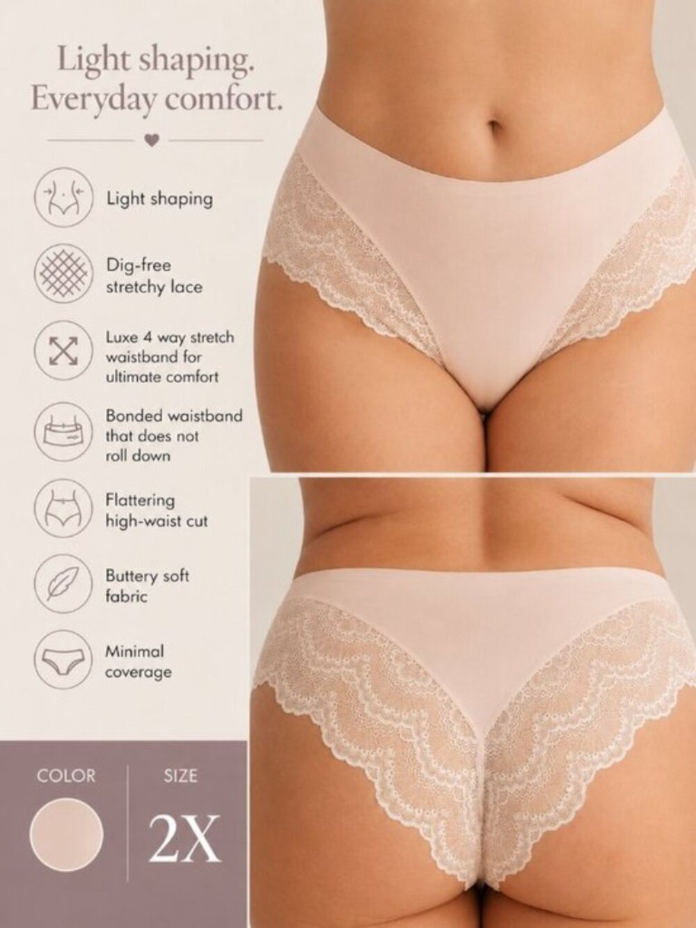 Pinsy Lace Shaping Hipster Panty 2X NWT Light Control